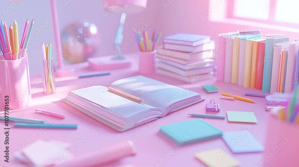 Poster calming image of a study desk featuring an open book colored pencils and sticky notes arranged in a 
