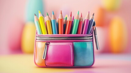 Captivating 3D animation showcasing a vibrant pencil case bursting with a colorful array of crayons pens and markers