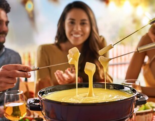Cheese fondue party with friends, with multiple forks stretching cheese from the pot