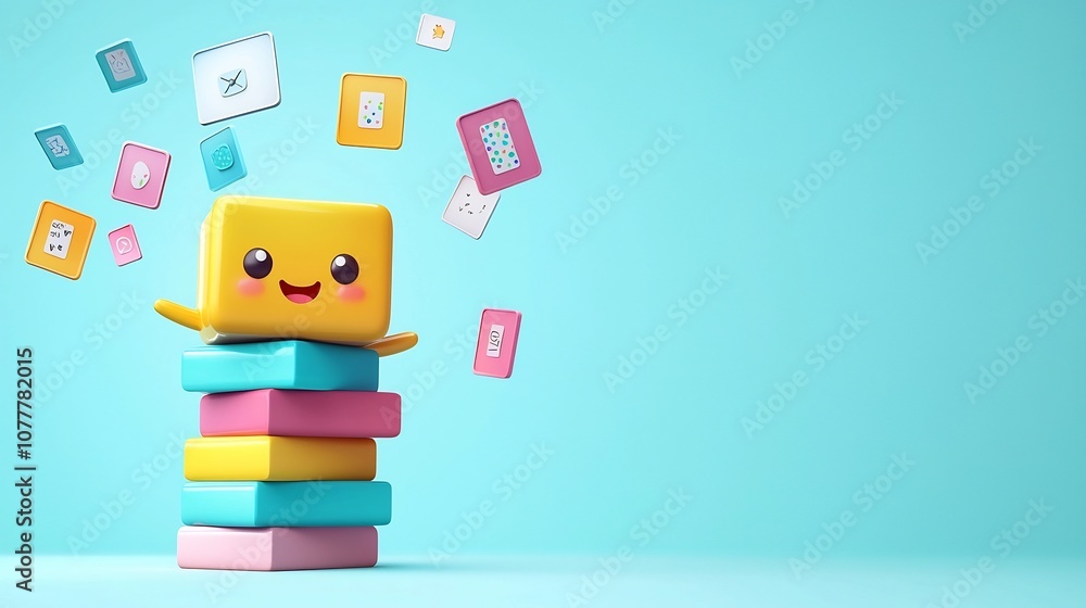 Poster cheerful 3d animated character holding colorful flashcards with floating images and words on light b