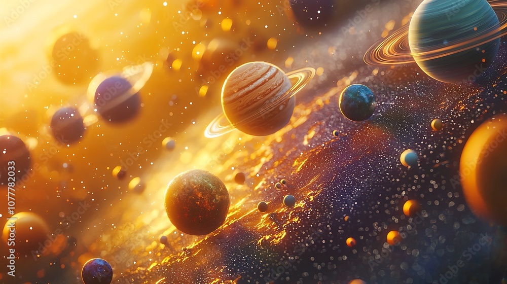 Poster cheerful 3d cartoon characters exploring and learning about the solar system with vibrant planets st