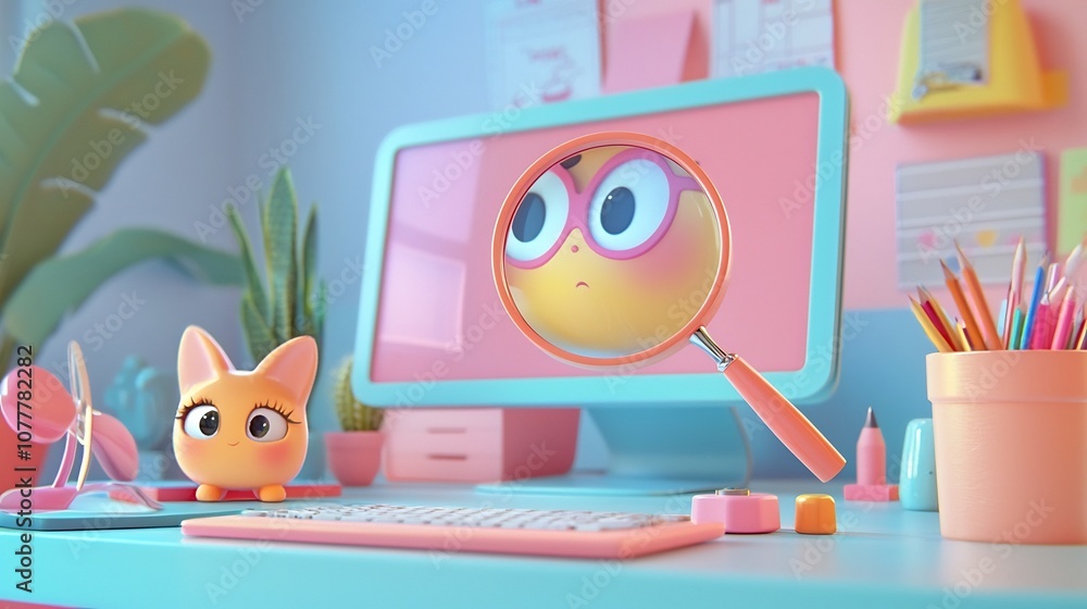 Poster curious cartoon characters using a magnifying glass to explore the fascinating details of objects on