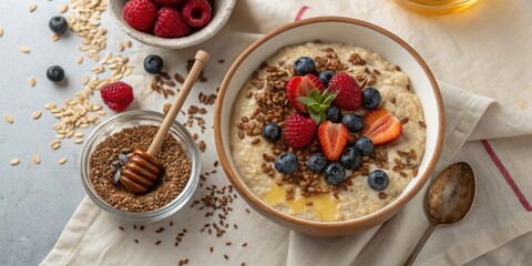An overhead shot of a breakfast bowl filled with oatmeal topped with a generous sprinkle of flaxseeds fresh berries and a drizzle of honey.