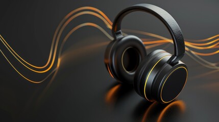 Black Headphones with Gold Accents and Abstract Orange Waves