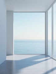 Fototapeta premium Spacious White Minimalist Home with Sea View, Embracing Serenity and Clean Design
