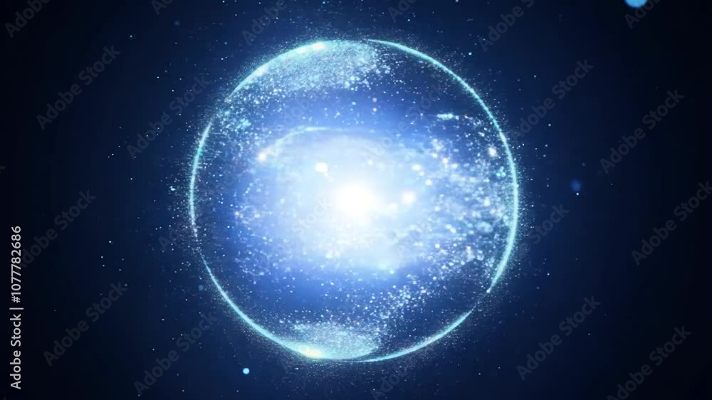 Poster luminous energy sphere formed by particles on a dark background generative ai
