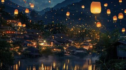 Sky Lanterns Over a River Village