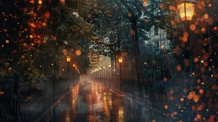 Rainy Night in the City: Street Lights Reflecting on Wet Pavement