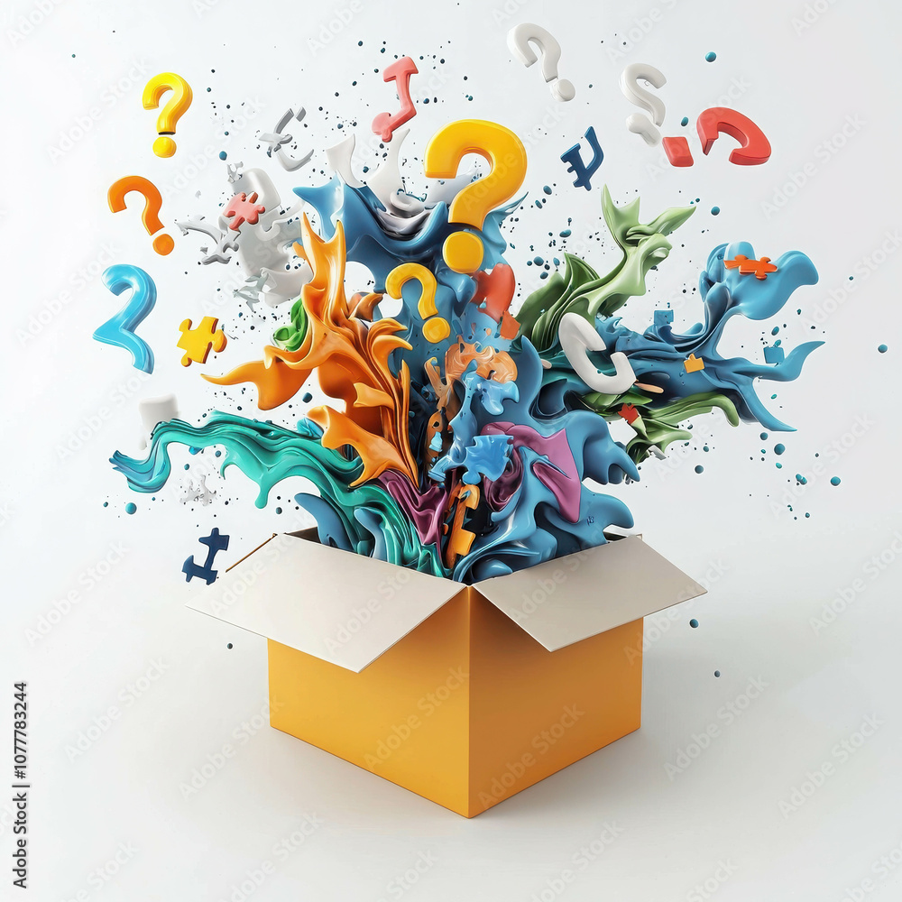 Poster colorful explosion of creative ideas and questions emanating from an open box surrounded by abstract