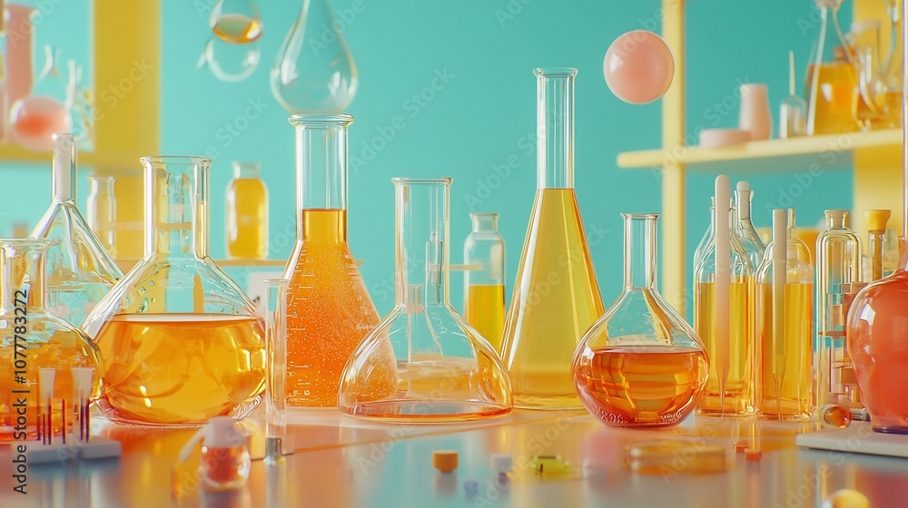 Poster neatly arranged laboratory glassware including flasks pipettes and a funnel with a clean light color