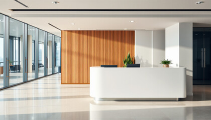 Reception area in office building, welcoming, professional reception desk. Suitable for marketing...