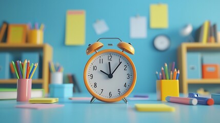 of a fun scene featuring various education themed tools and supplies like a clock sticky notes and markers surrounding an empty central area