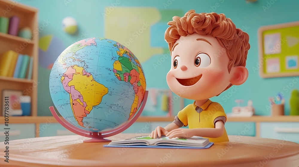 Poster playful 3d animated scene of a cartoon character using a large colorful globe to learn about the wor