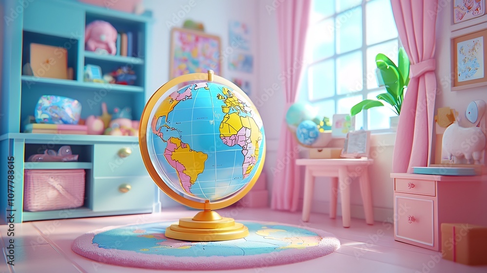Poster playful 3d animated scene of a cartoon character using a large vibrant globe to learn about the worl