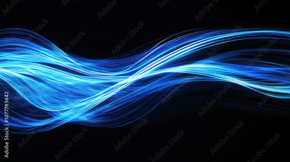 Poster Ethereal Blue Light Waves on a Dark Background Creating an Enigmatic Display of Motion and Energy in Abstract Visual Art for Backgrounds and Textures