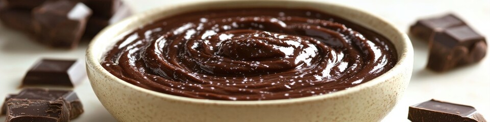 Rich Creamy Chocolate Ganache in Bowl with Chocolate Pieces on White Background Perfect for Desserts, Baking, and Sweet Treats Enthusiasts and Home Cooks