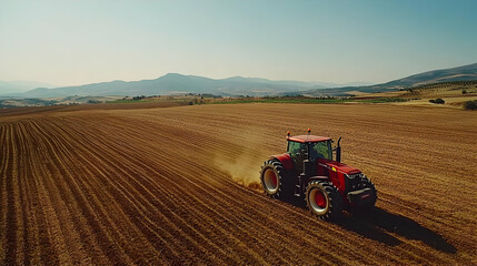Obraz premium Tractor Plowing Field in Rural Landscape - Photo