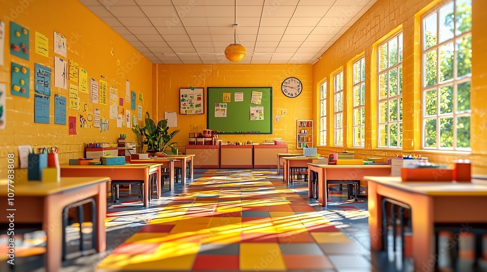 Poster vibrant 3d animated cartoon classroom setting with engaging learning tools and characters exploring 