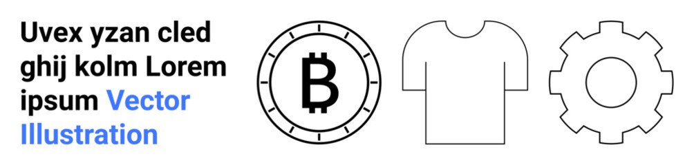 Bitcoin symbol within a coin, basic t-shirt outline, and gearwheel. Ideal for blockchain, digital currency, fashion, textile, industrial mechanics, manufacturing, modern tech. Landing page
