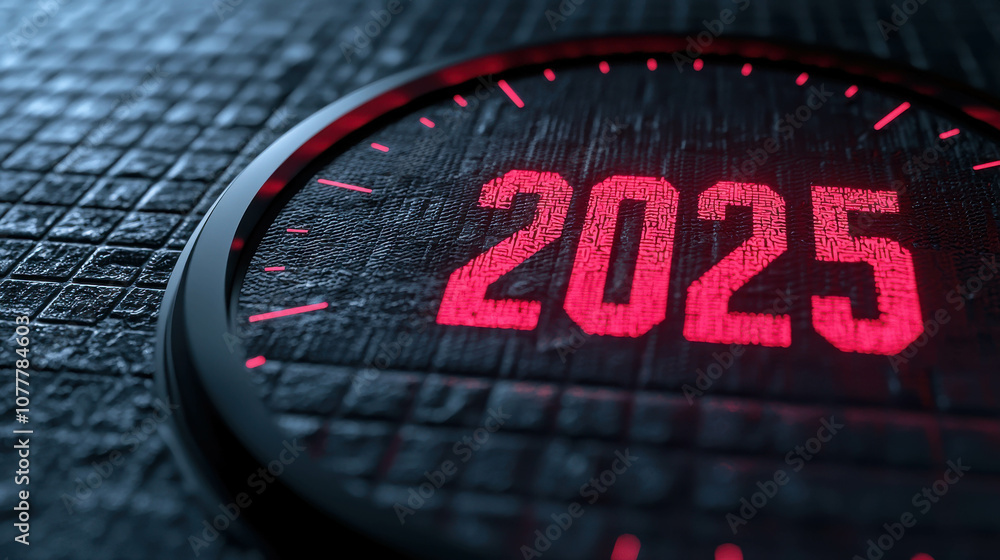 Aufkleber futuristic clock display showing the year 2025 with a glossy black background and bright red numbers