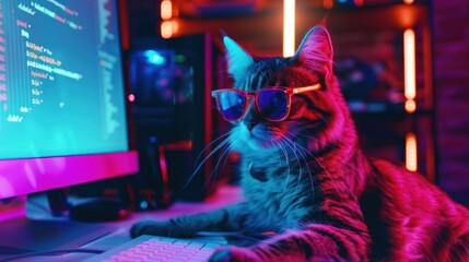 Cool Cat Hacker in Neon Light