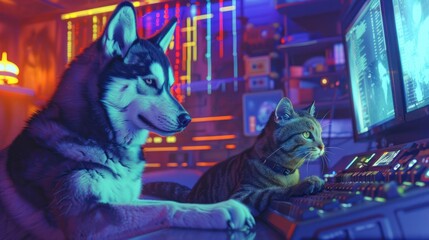 Cyberpunk Husky and Cat