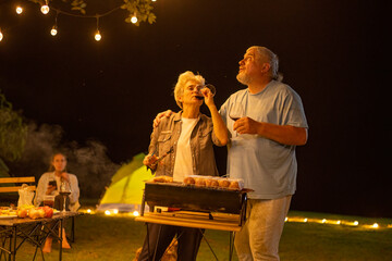 Family barbecue during a camping trip is grilling food on a portable barbecue grill, with holding glasses of red wine as they enjoy the moment together shared moments family holiday camping trip.