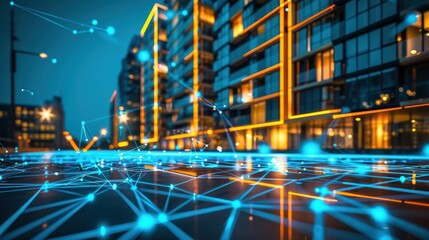 Futuristic Cityscape with a Network of Blue Lines