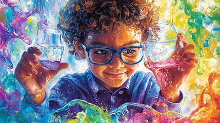 A young happy student with glasses enthusiastically conducting a vibrant chemistry experiment creating a fizzing bubbly reaction with baking soda and vinegar in a playful educational setting