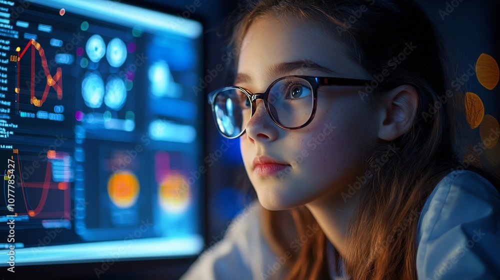 Poster cheerful young scientist diligently analyzing data on computer screen exploring scientific diagrams 