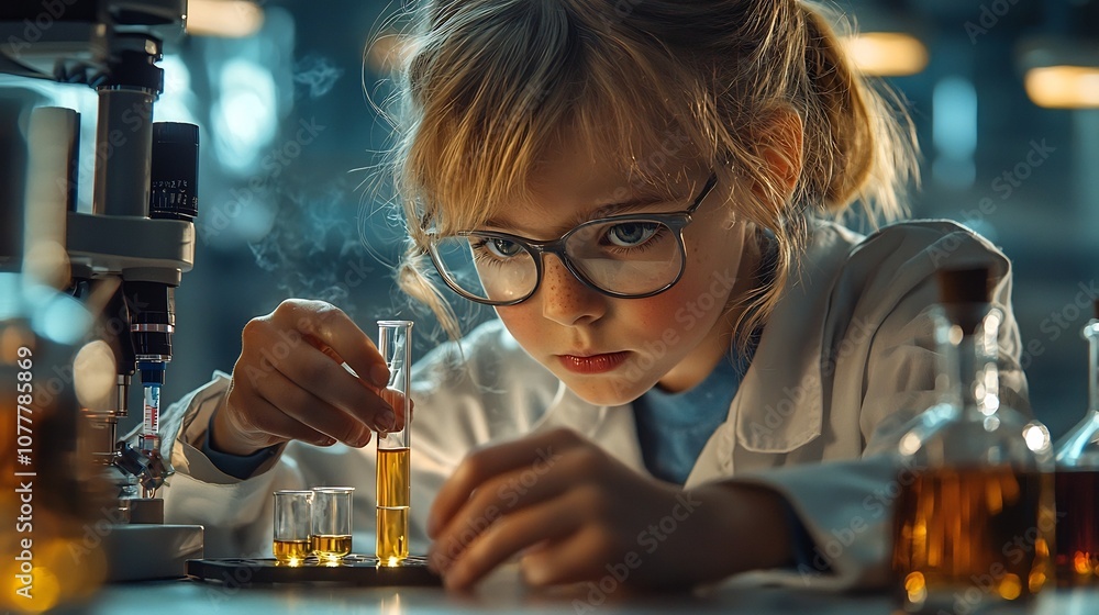 Poster diligent young student wearing glasses carefully adding liquid to a test tube while surrounded by va