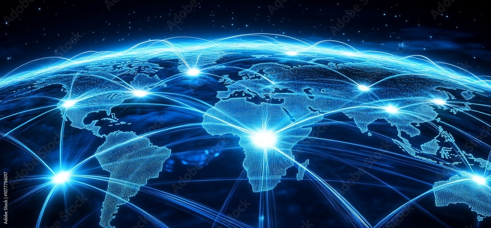 Poster a digital illustration of the world map with connected lines and glowing lights.