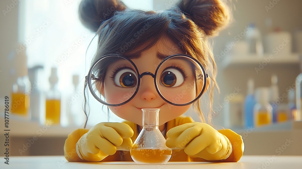 Poster image of a diligent scientist wearing large round glasses and gloves conducting an experiment in a l