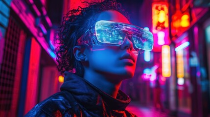 Obraz premium Cyberpunk Cityscape with Futuristic Glasses