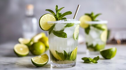 Fototapeta premium Refreshing mojito cocktail with fresh lime, mint leaves, ice cubes, and straw in tall glass on marble surface