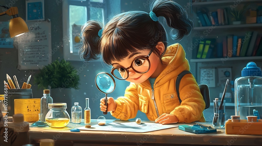 Poster young student with glasses intently examining different materials on a table using a magnifying glas