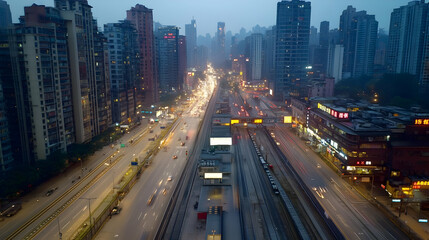Cityscape with Train Tracks and Traffic at Dusk - Photo