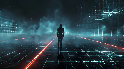 Obraz premium A man is walking down a long, empty hallway with red and blue lines on the floor.