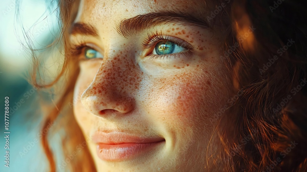 Poster close up image of a person s happy joyful facial expression while participating in a video call with