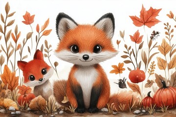 Fototapeta premium an autumnthemed illustration showcases charming animal clipart capturing the essence of fall with warm colors leaves and playful creatures perfect for seasonal decor and storytelling