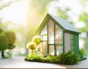 Green house with trees and garden, eco-friendly concept.