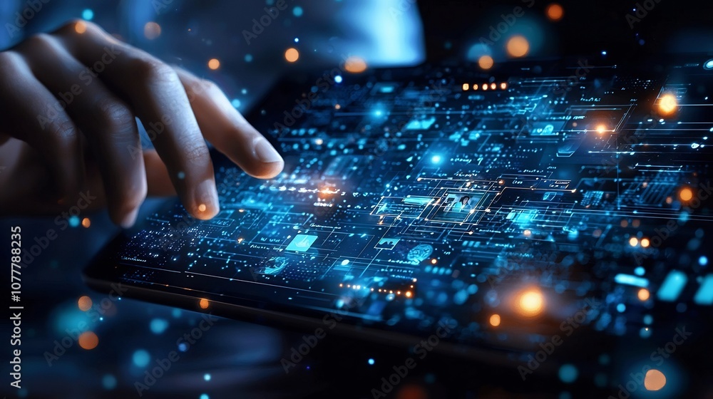 Poster close up of a hand holding a tablet device with a video call interface showing multiple people parti