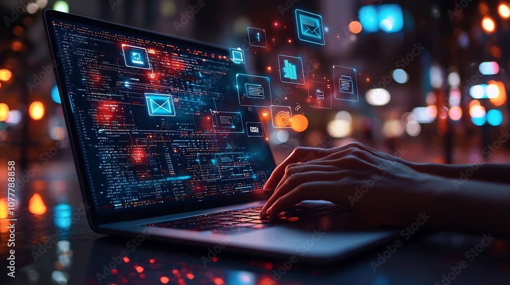 Poster closeup of a person s hands typing on a laptop keyboard with digital communication icons and symbols