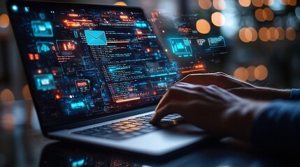 Close up view of a person typing an email on a laptop computer with digital icons representing various communication and data exchange elements hovering around the laptop screen