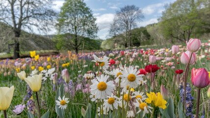 Spring Garden Filled with Colorful Tulips and Greenery in Bloom