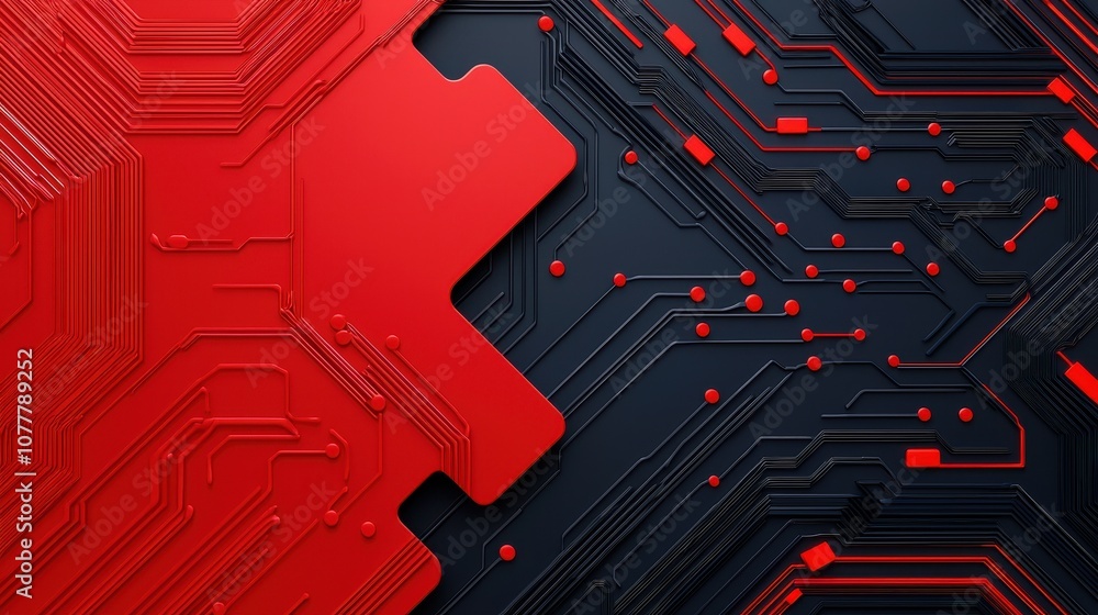 Poster a vibrant abstract design featuring red and black circuitry patterns, emphasizing technology and dig