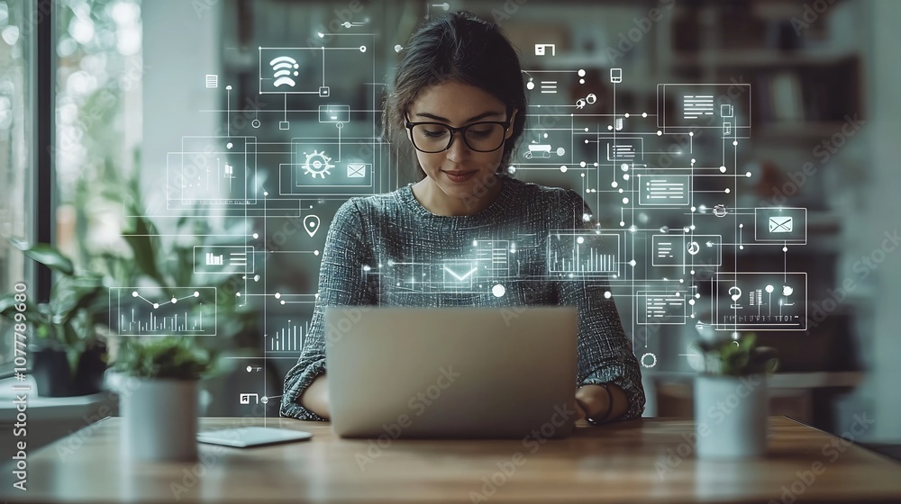 Poster of a modern digital workspace with a laptop communication tools and various digital devices for remo