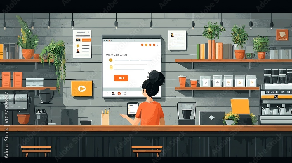 Poster person using a smartphone in a coffee shop setting with various digital communication icons and tool