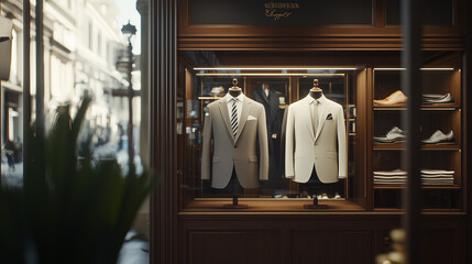 Fototapeta premium Tailored Elegance: A glimpse into a sophisticated menswear boutique, showcasing tailored suits and shoes in a window display that exudes luxury and style. 