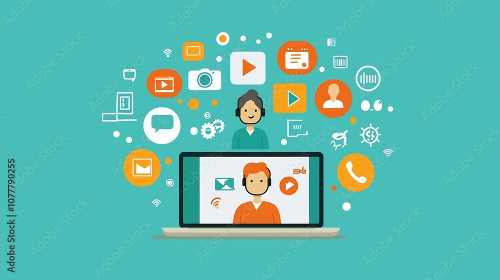 Poster two people engaged in a video conference call on a laptop with visible icons representing communicat
